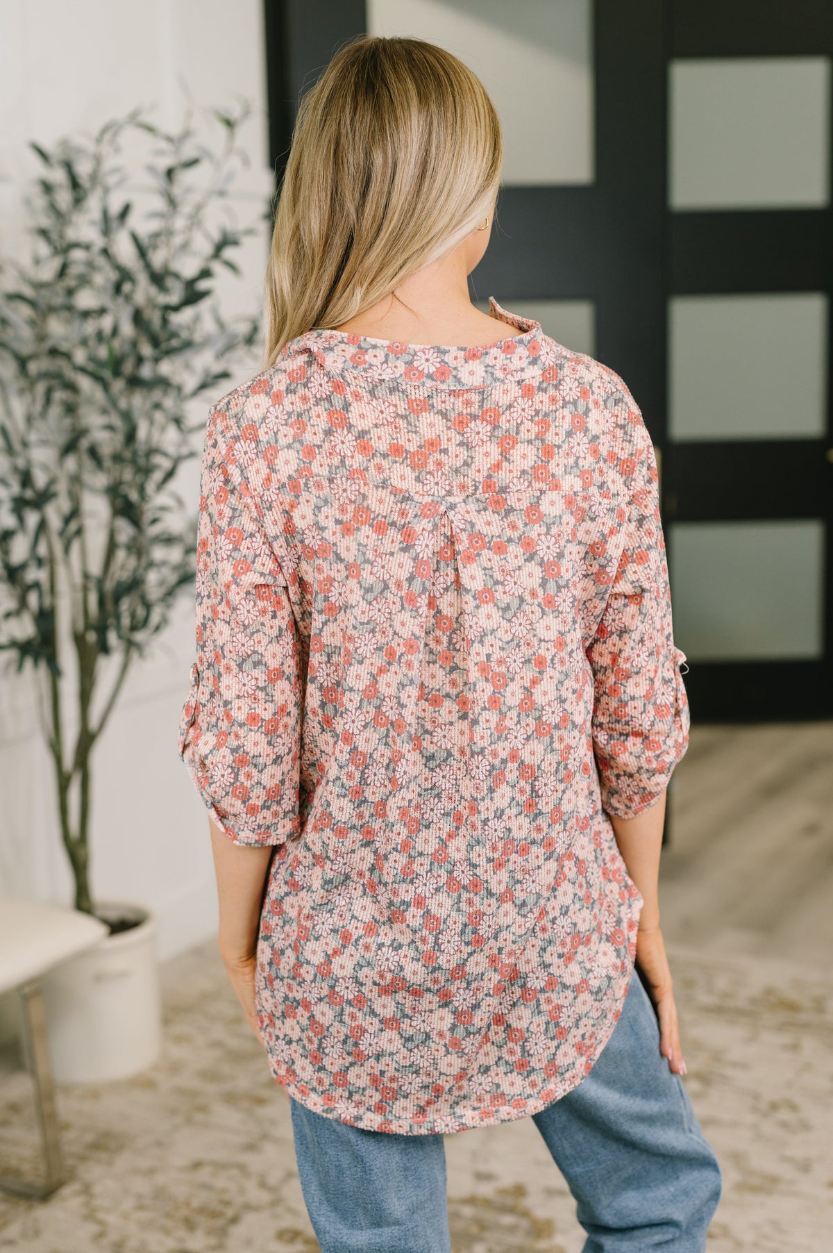 Favorite Florist Split Neck Half Sleeve Top Womens