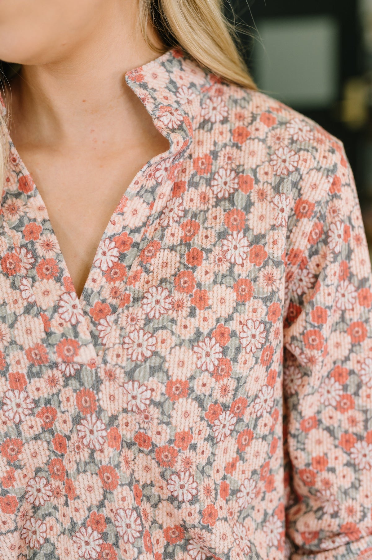 Favorite Florist Split Neck Half Sleeve Top Womens