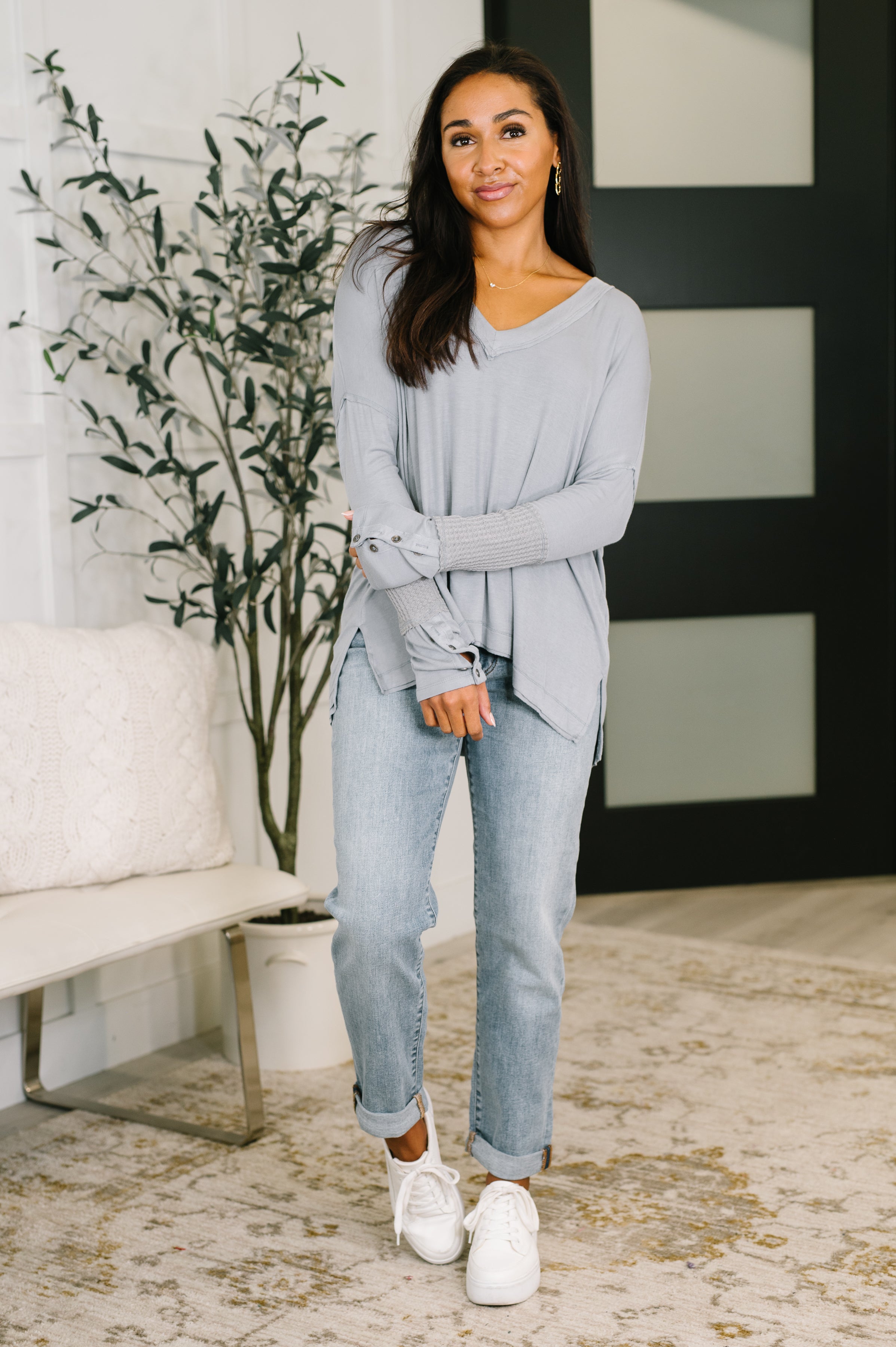 In Loom Feel That Something Contrast Sleeve Jersey Knit Top Womens