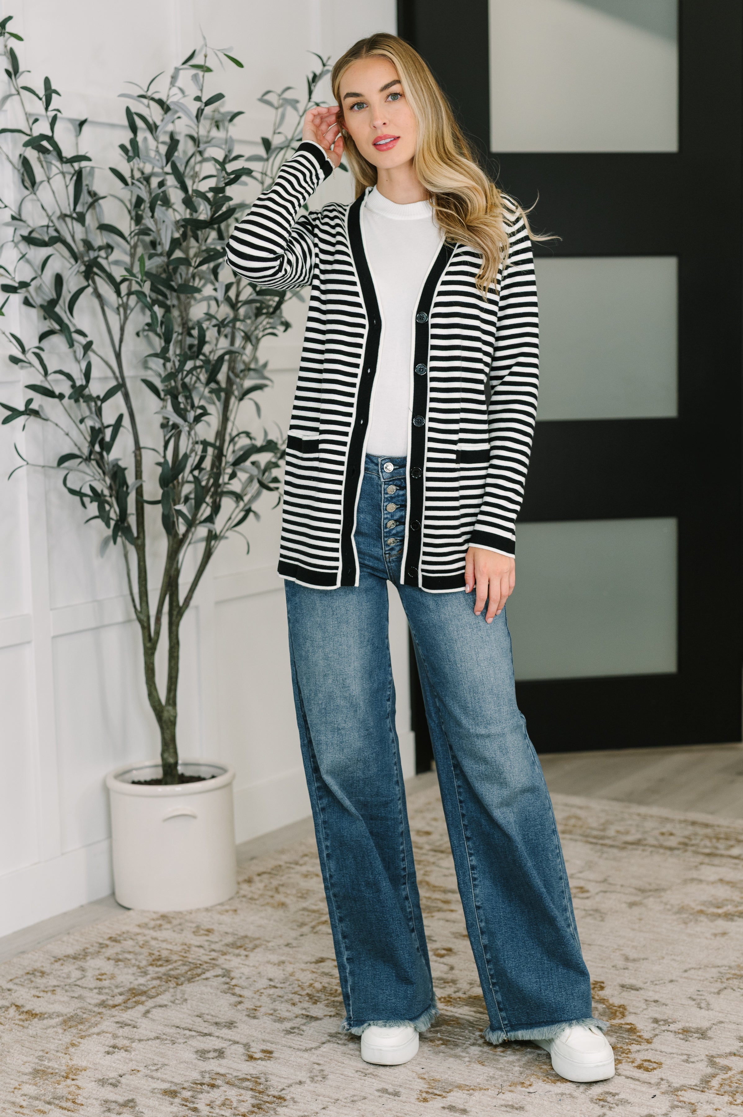 One Eleven North Finagle Your Way Striped Cardigan in Black & White Womens
