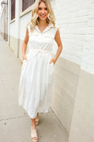 First Love Ivory Cotton Collar Drawstring Waist Fit & Flare Midi