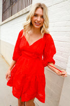 First Love Red Crepe Sweetheart Wrap Yoke Puff Sleeve Lined Dress