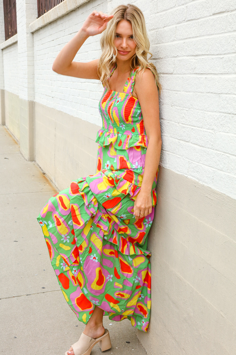 First Love Sunny Days Abstract Print Tiered Ruffle Smocked Sleeveless Maxi