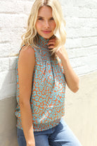 First Love Teal Smocked High Neck Animal Print Sleeveless Top