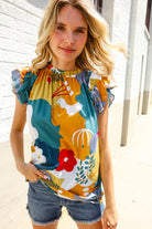 First Love Be Bold Multicolor Abstract Print Flutter Sleeve Mock Neck Top