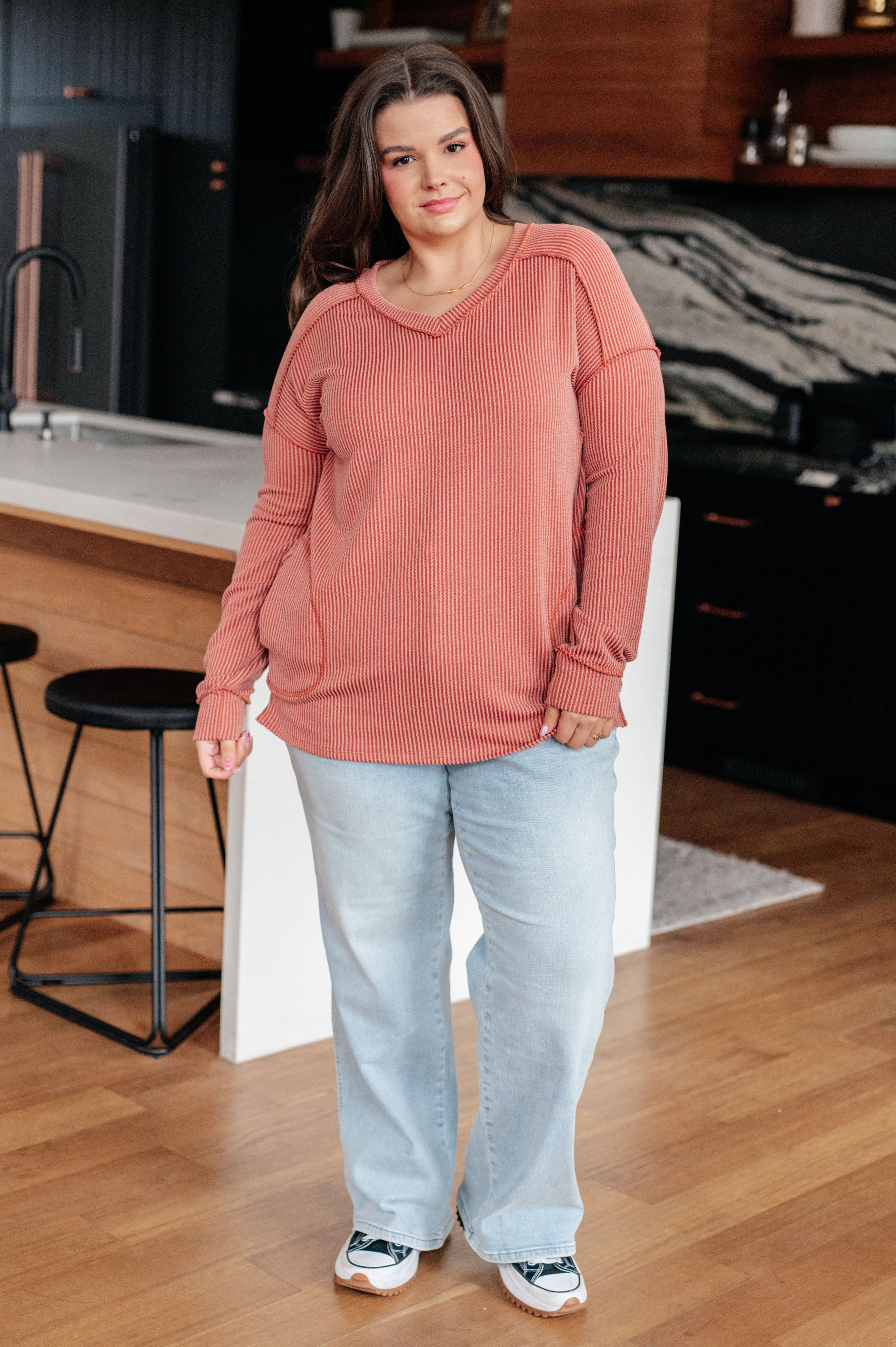 7th Ray First and Foremost Exposed Seams Rib Knit Long Sleeve Top Tops