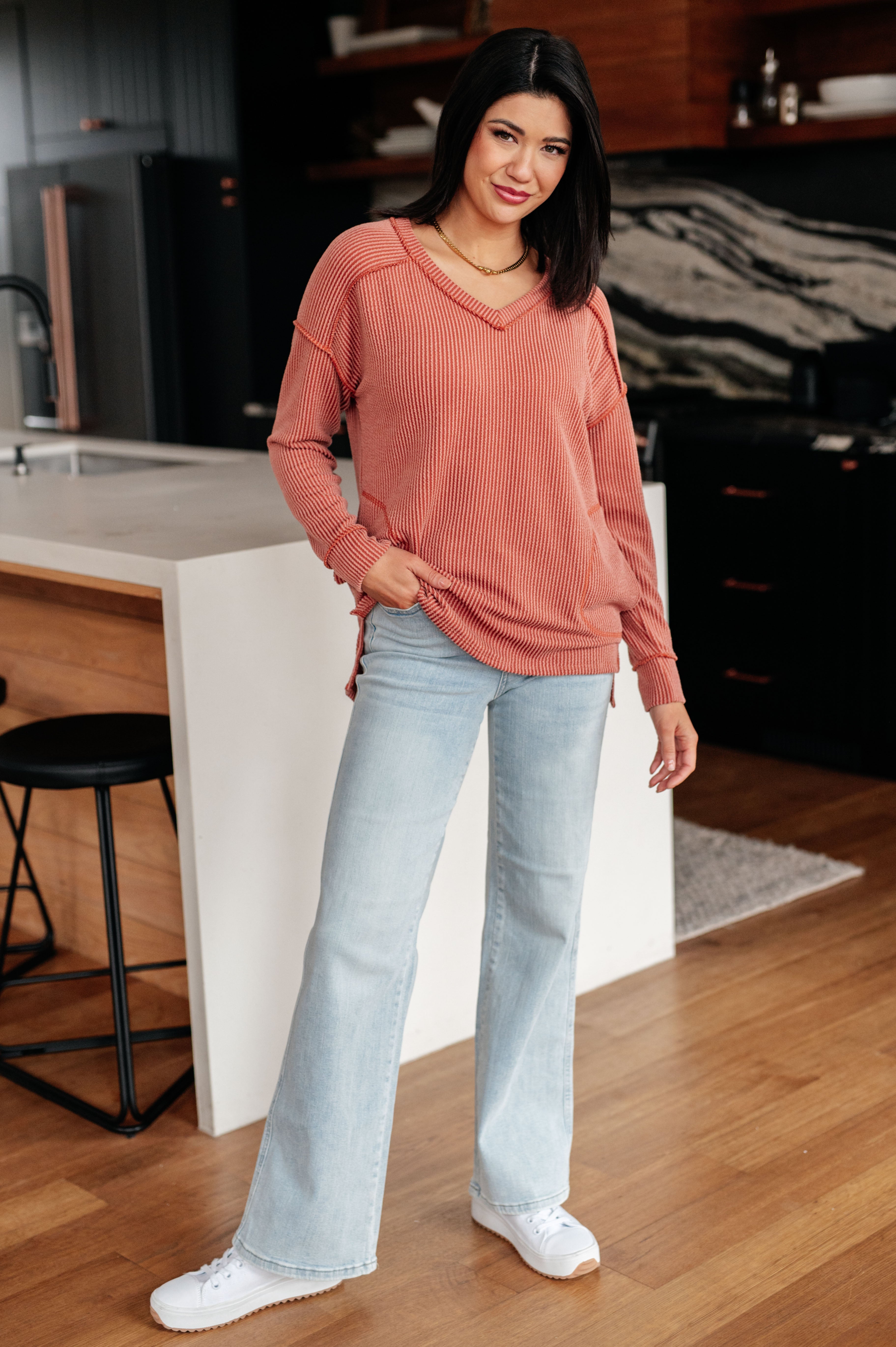 7th Ray First and Foremost Exposed Seams Rib Knit Long Sleeve Top Tops
