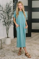 Zenana Fix You Right Up Short Sleeve Midi Dress in Dusty Teal Womens