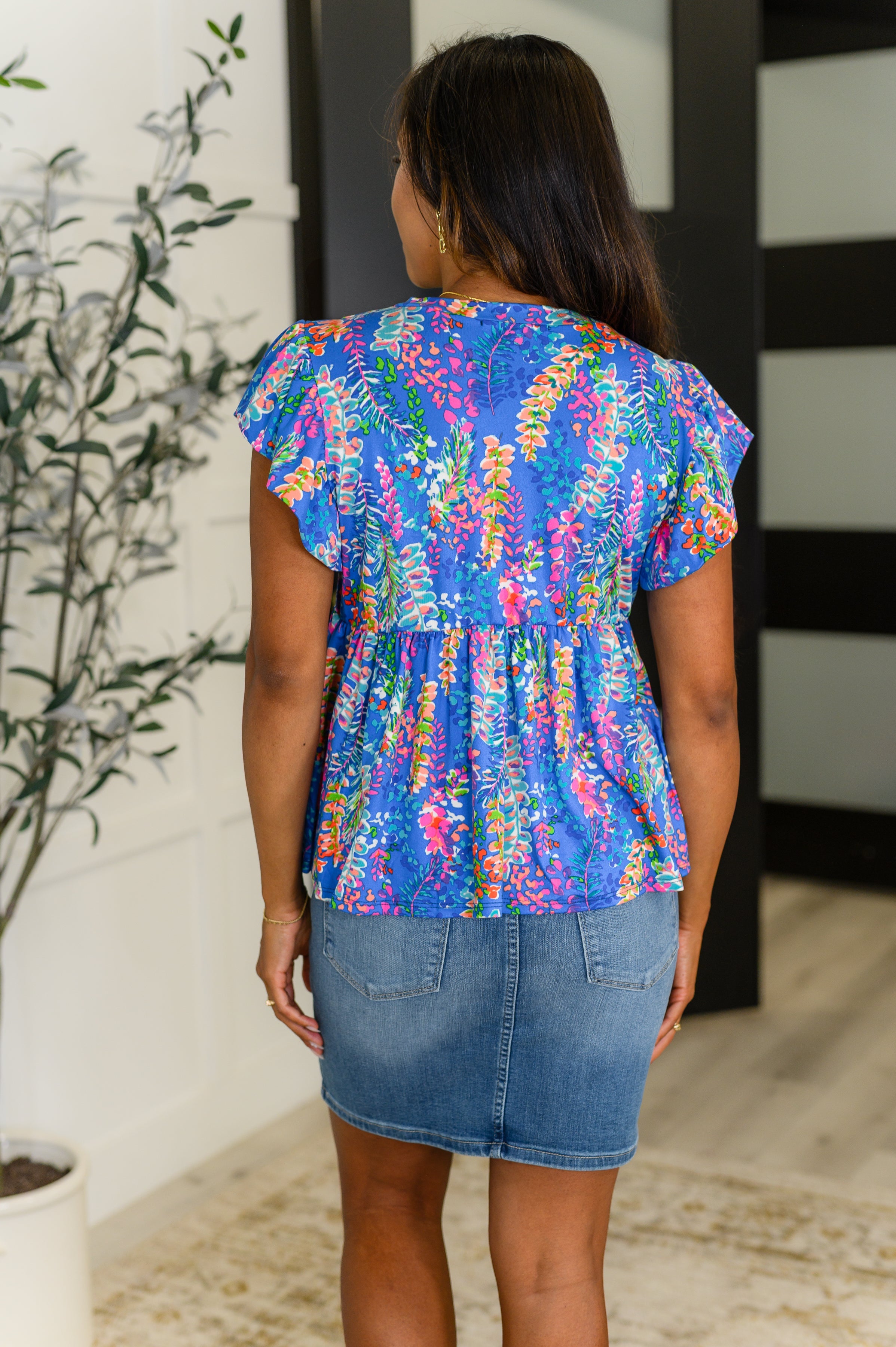 Haptics Flirt Alert Flutter Sleeve Top in Blue Womens