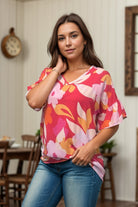 Haptics Floral In Coral - Ruffle Sleeve