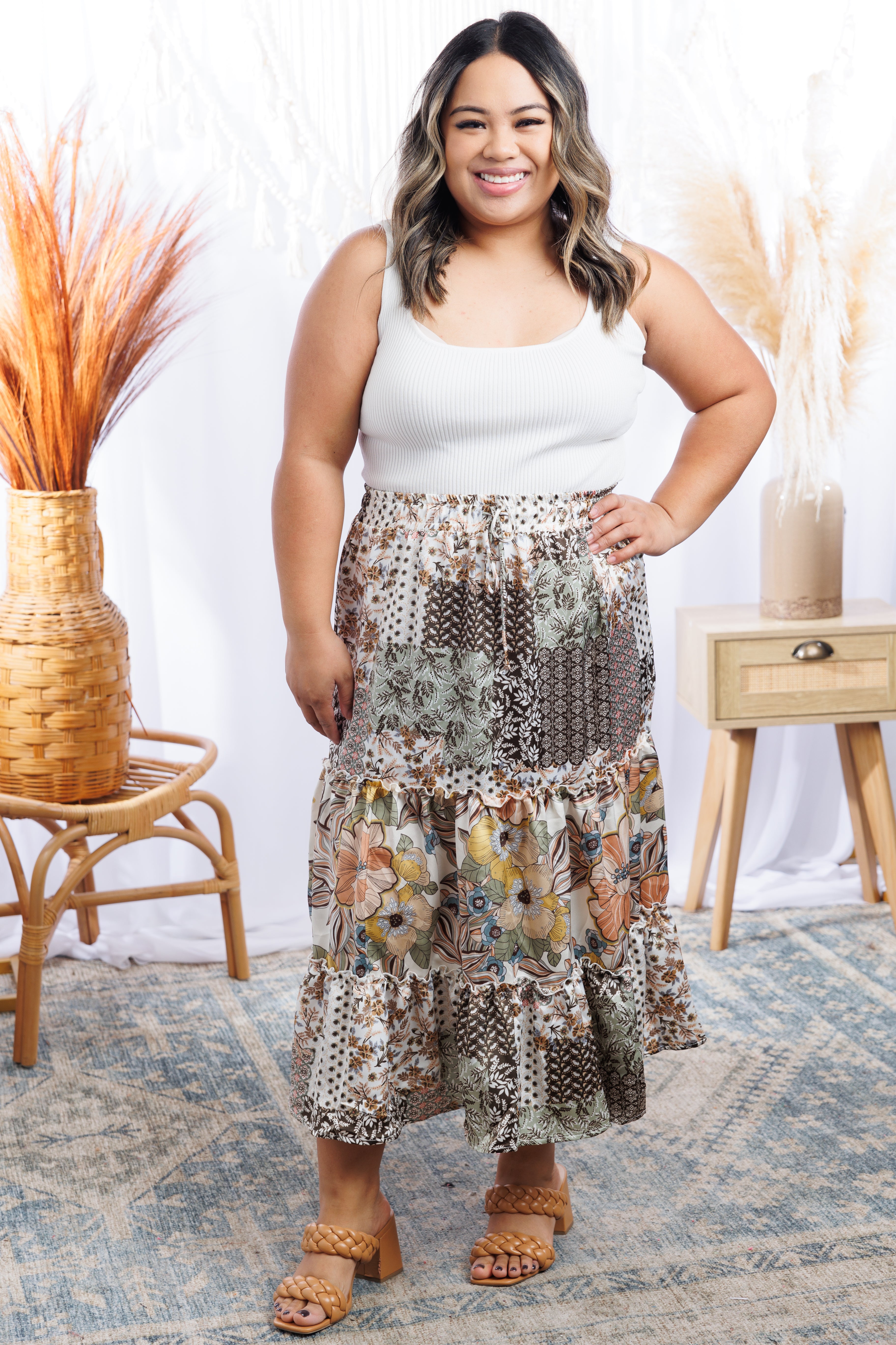 White Birch Floral Patches - Midi Skirt Boutique Simplified