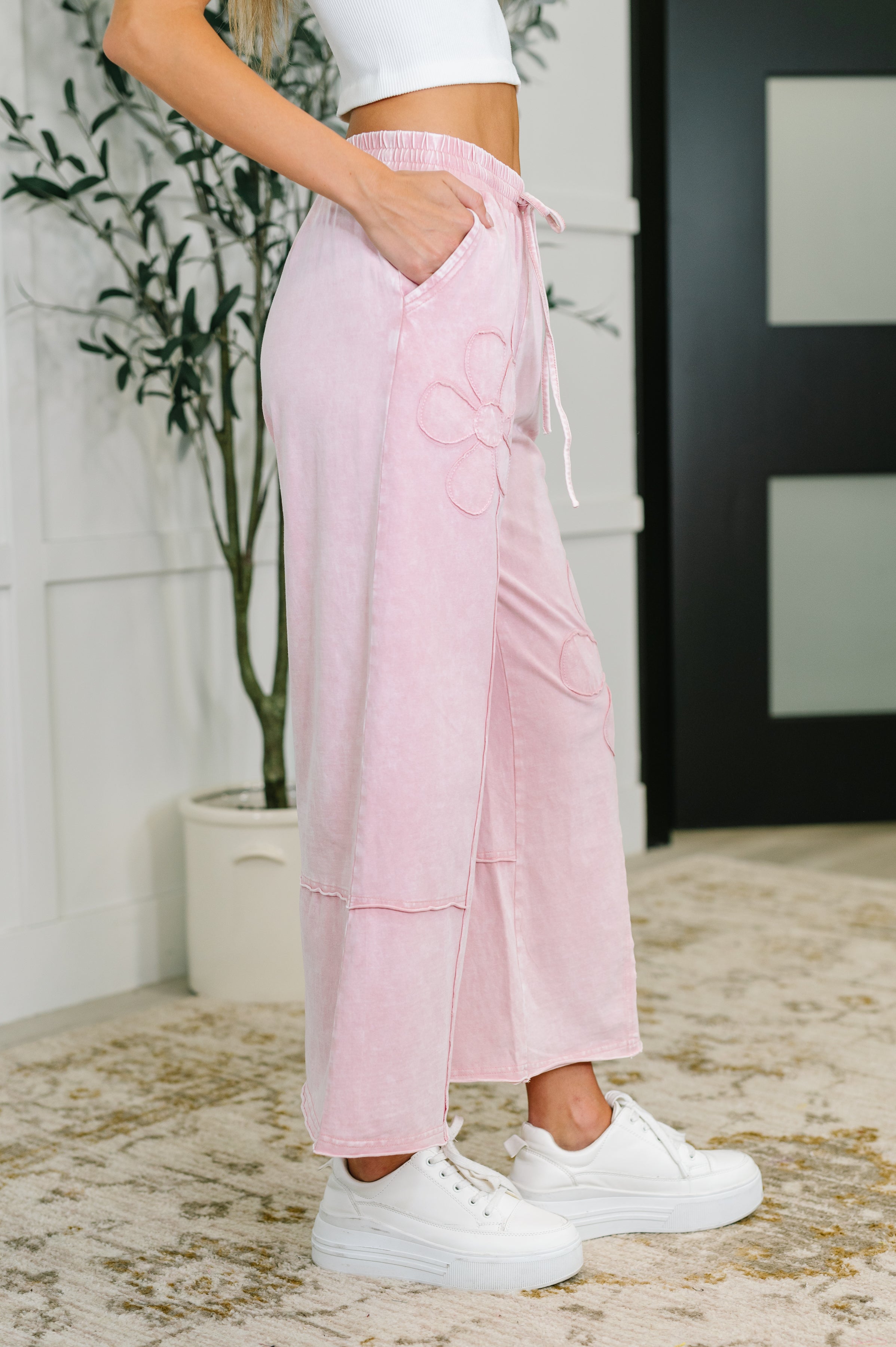 PREORDER: Flower Applique Cropped Flare Bottoms in Light Pink Womens