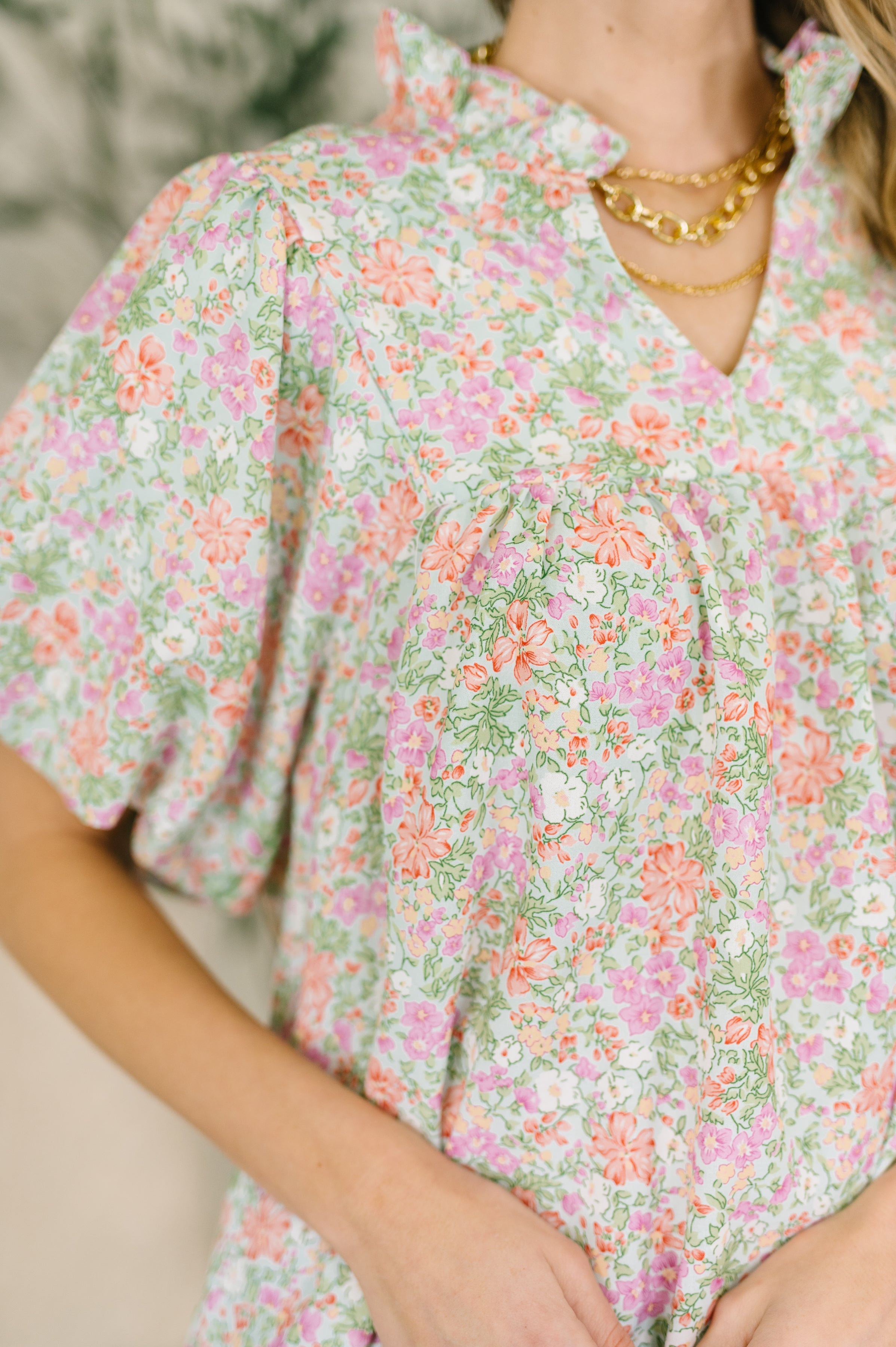 Haptics Flower Picking Notch Neck Blouse Womens