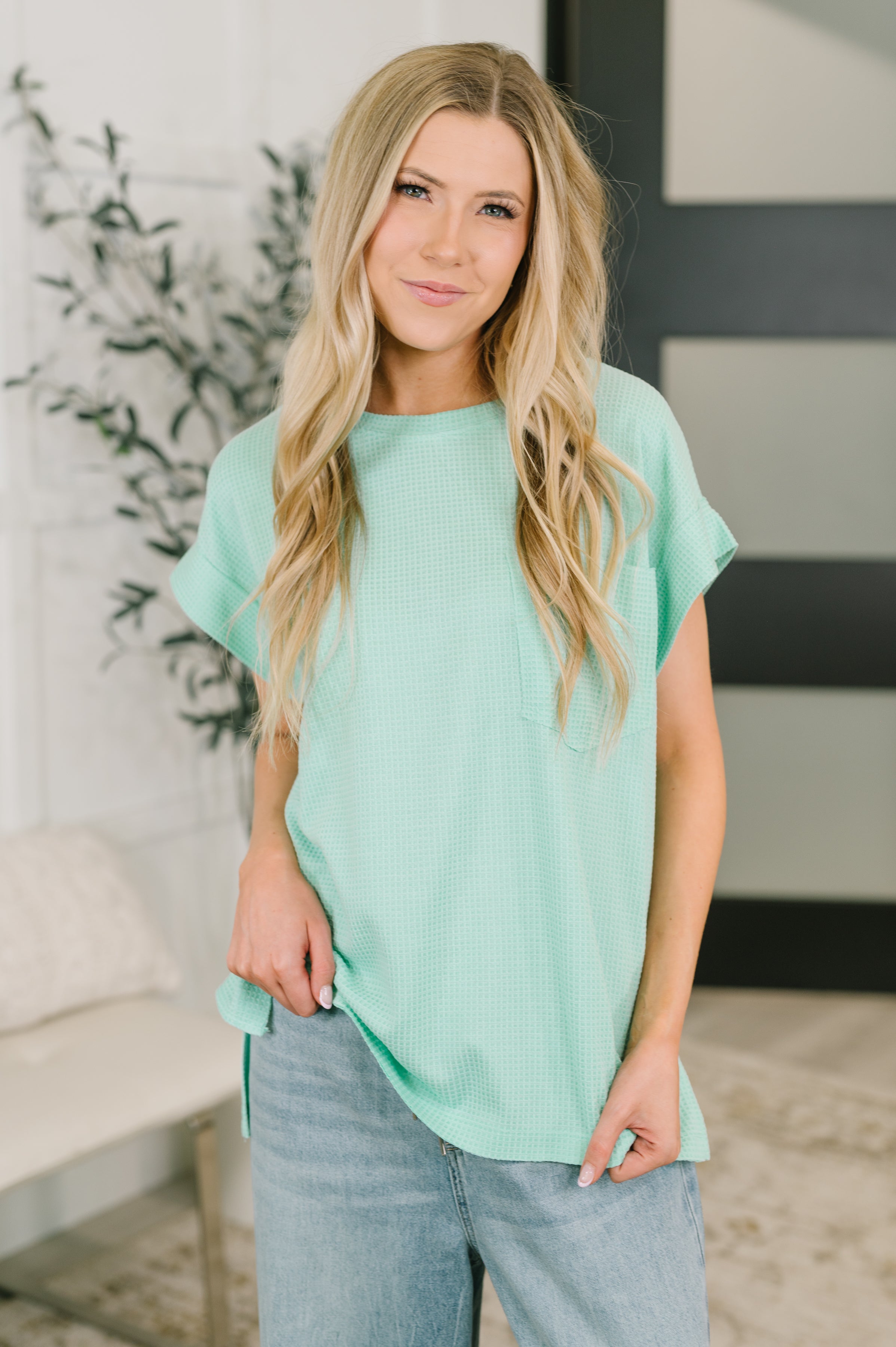 Dear Scarlett Foundation First Waffle Knit Relaxed Tee in Mint Womens