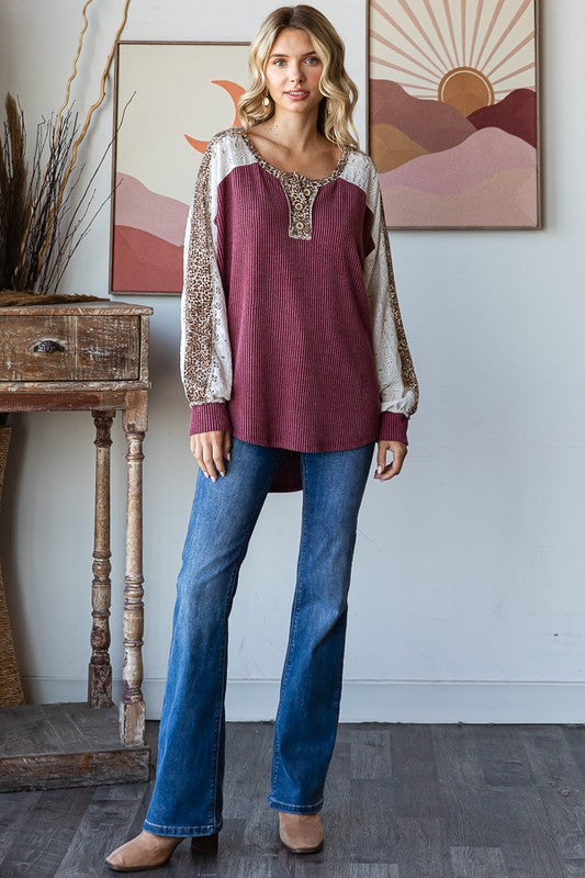 7th Ray Bold Behavior Contrast Color Block Top in Burgundy Womens