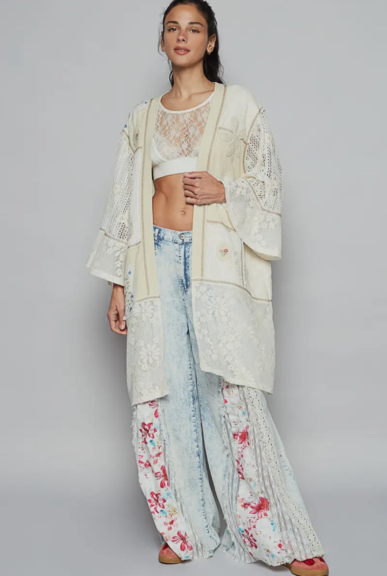 POL Double Gauze and Lace Mix Cardigan with Embroidered Detail