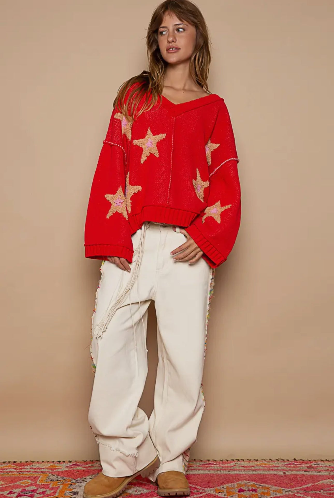 POL Apple Red Long Sleeve Star Patch Sweater Trendsi