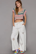 POL Off White Drawstring Distressed Wide Leg Denim Pants