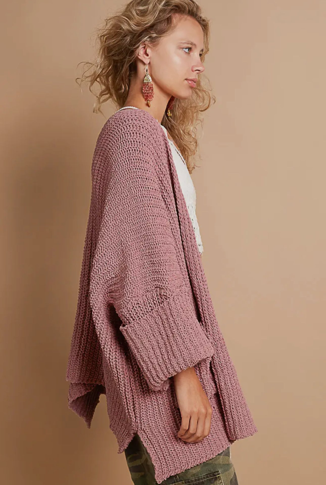 POL Mauve Open Front Sweater Cardigan with Pockets Trendsi