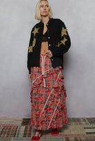 POL Black Star Patch Raw Hem Button Up Twill Denim Ballon Sleeve Jacket