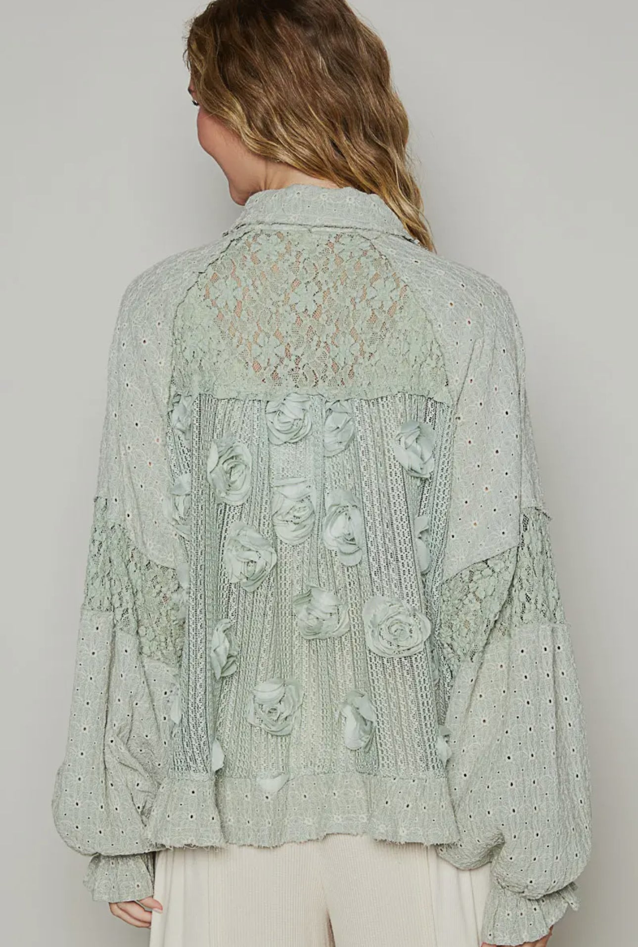 POL Sage Eyelet Flower Pearl Detail Lace Patchwork Shirt