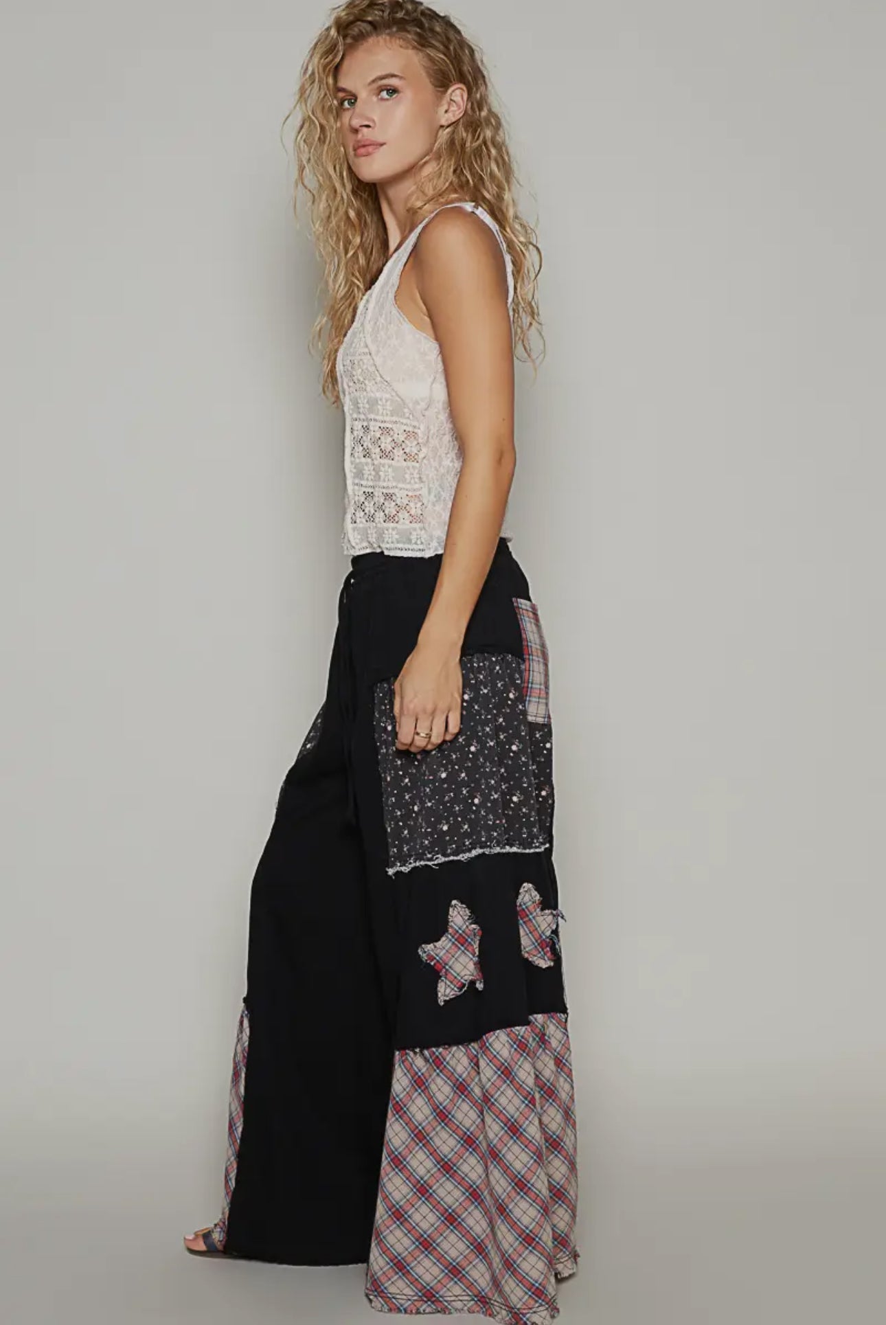 POL Black Star Patch Contrast Chambray Wide Leg Pants