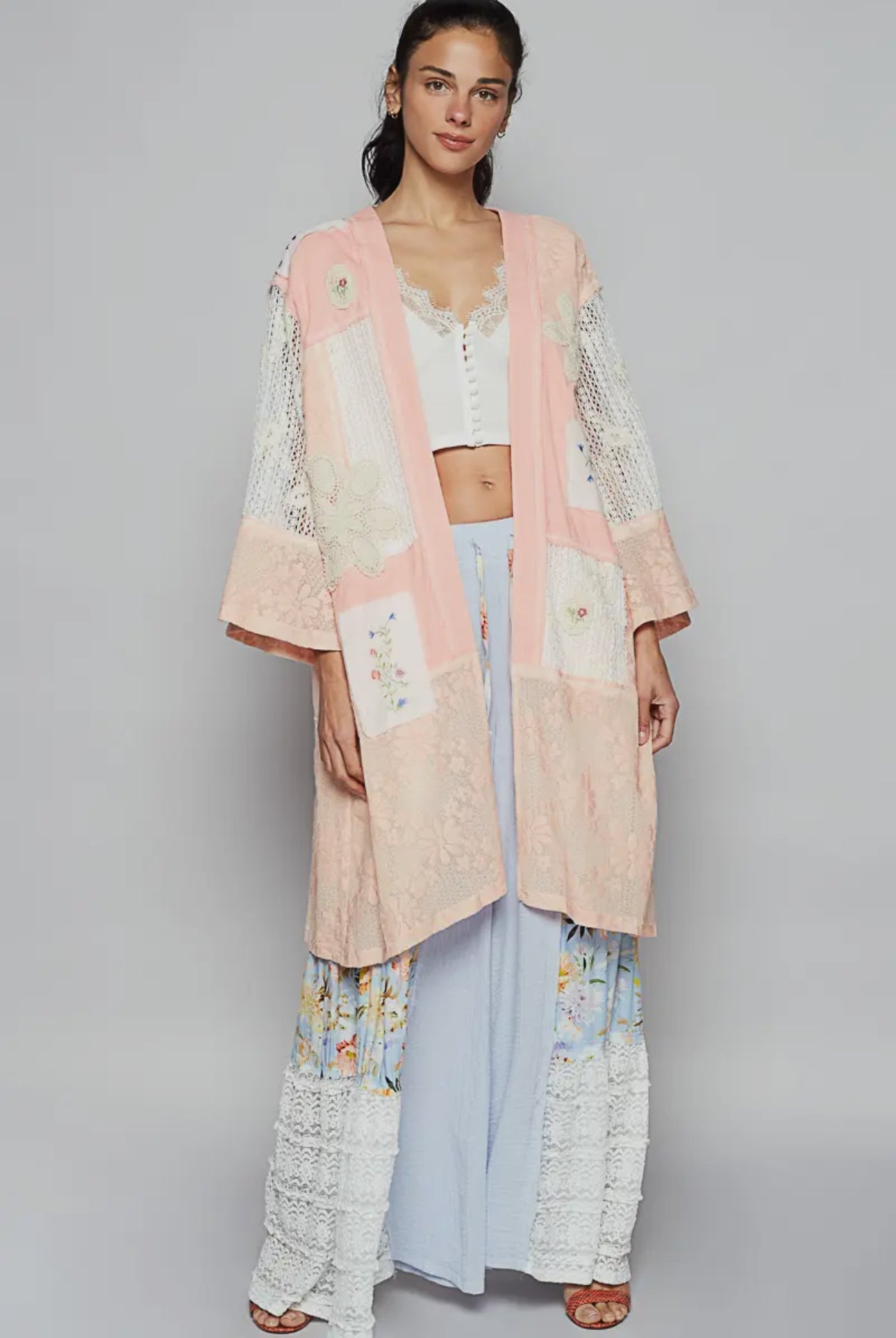 POL Pink Double Gauze and Lace Mix Cardigan with Embroidered Detail