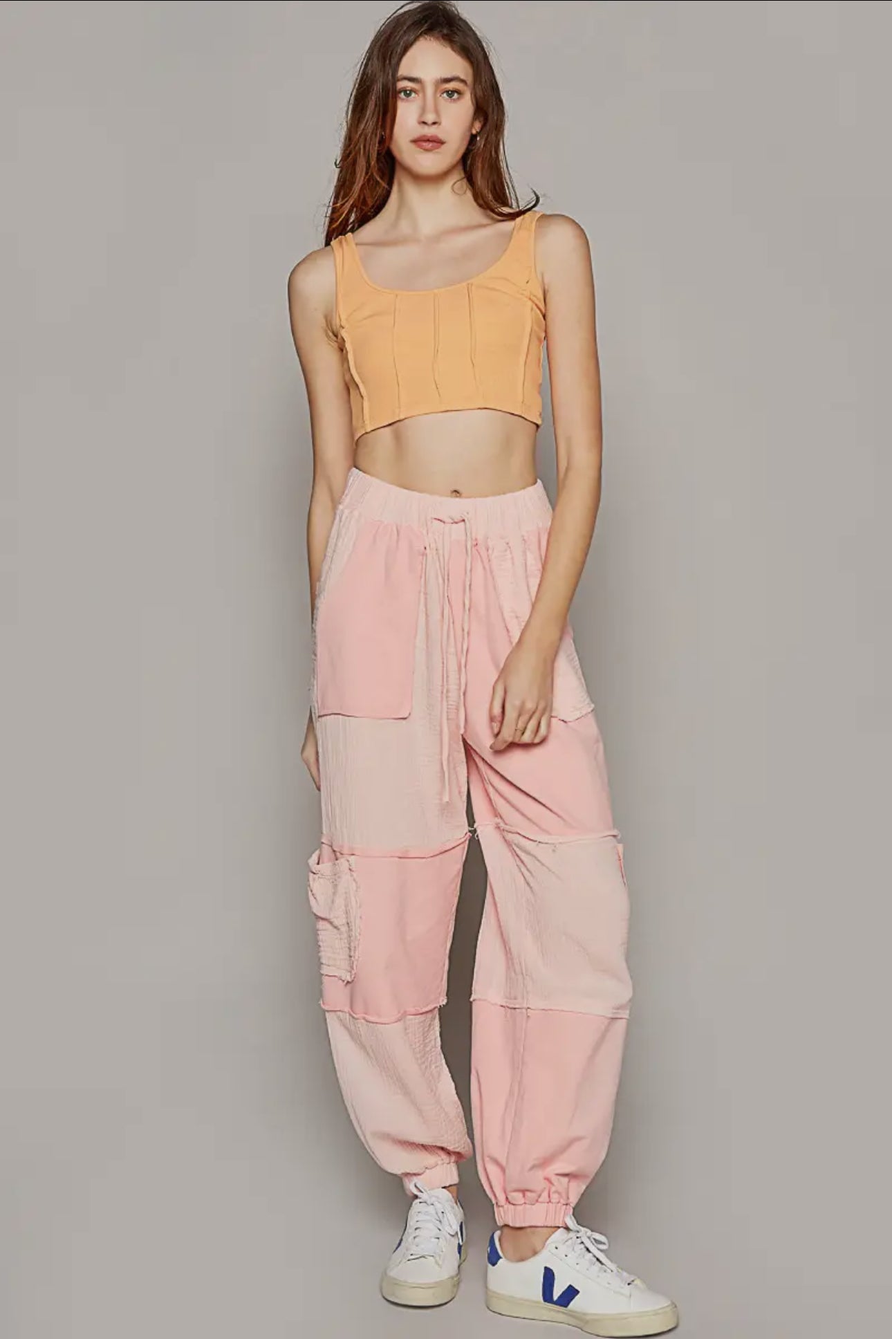 POL Blush Pink Drawstring Pocketed Contrast Linen Cargo Jogger Pants