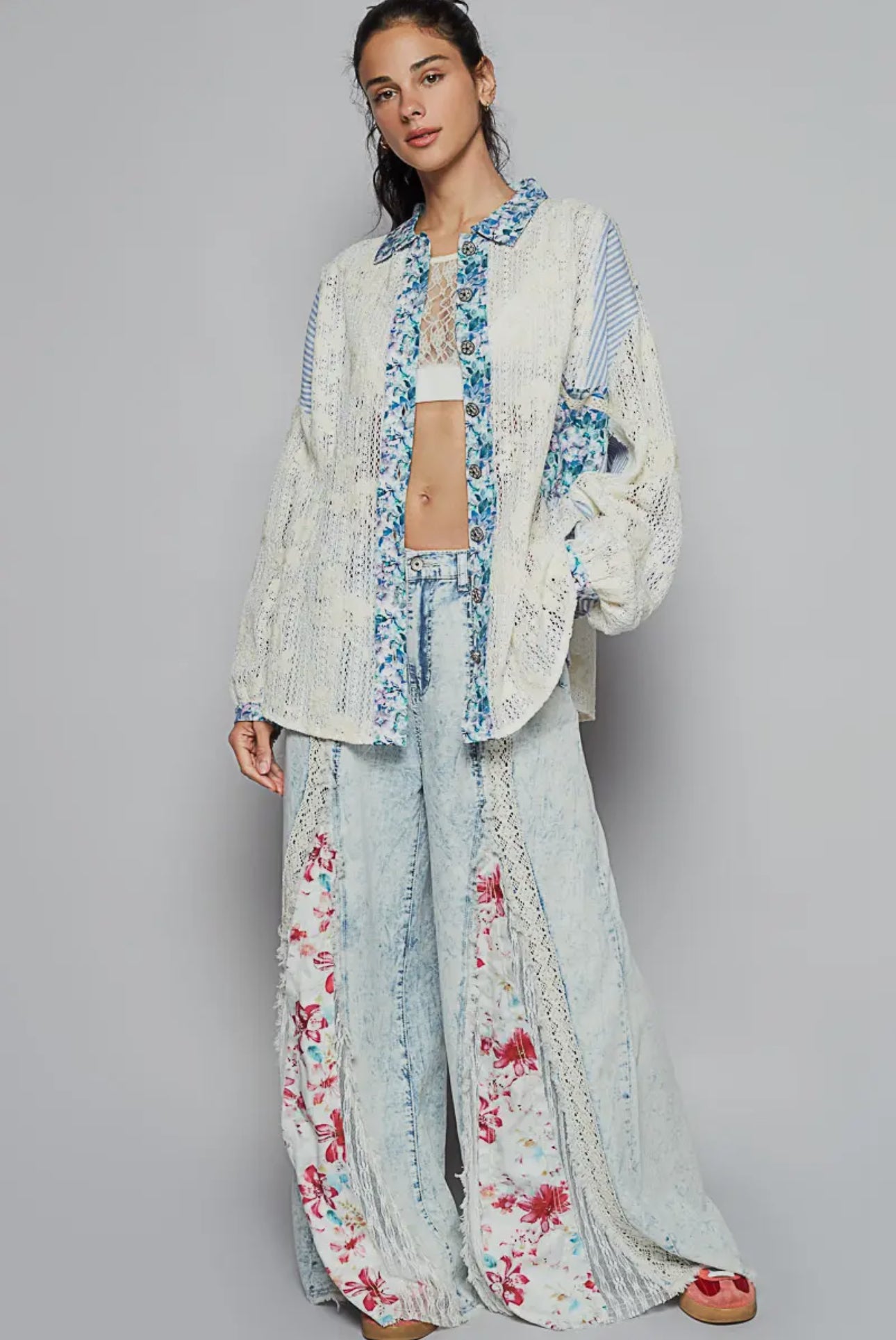 POL Blue Lace Long Sleeve Shirt with Floral and Striped Pattern