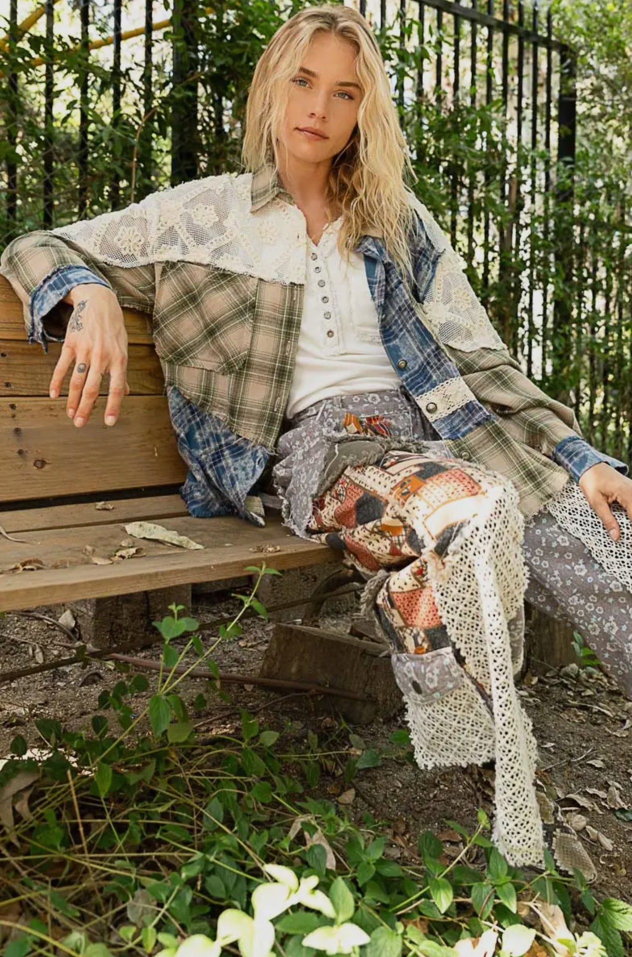 POL Olive & Blue Lace Patchwork Plaid Oversized Balloon Sleeve Shirt