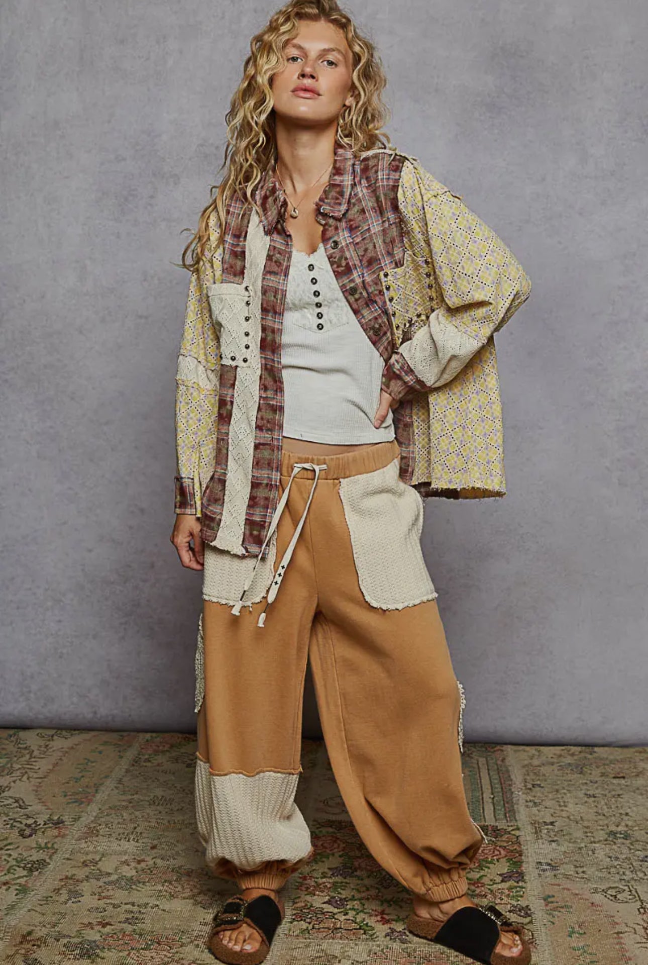 POL Oversized Studded Contrast Lace & Plaid Long Sleeve Shirt