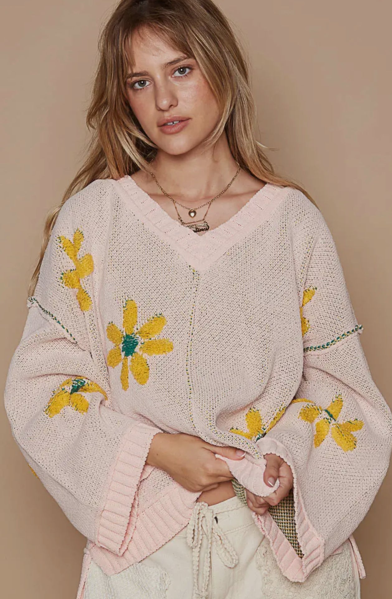 POL Pink Mojito V-Neck Berber Floral Pattern Chenille Sweater Trendsi