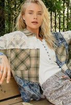 POL Olive & Blue Lace Patchwork Plaid Oversized Balloon Sleeve Shirt
