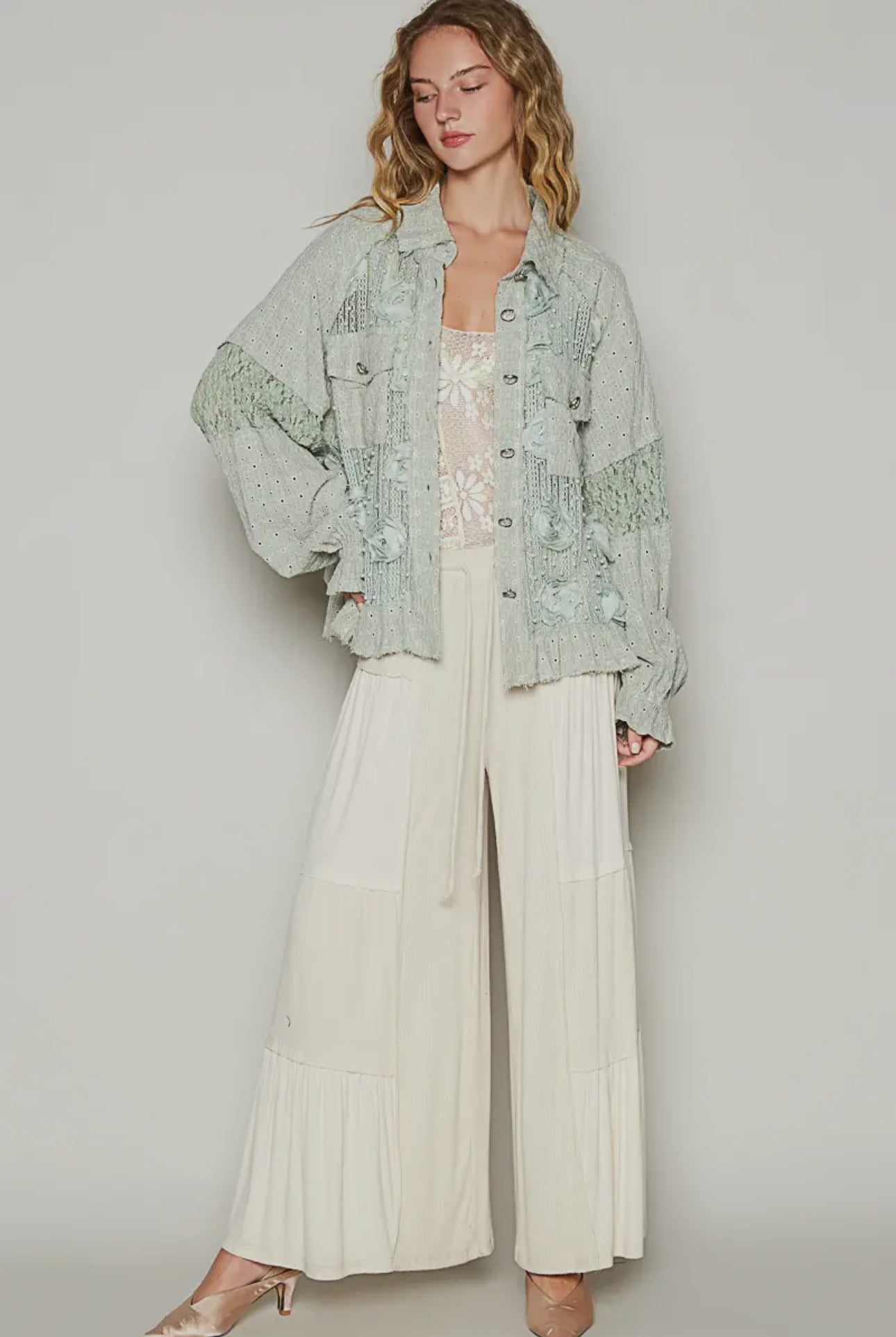 POL Sage Eyelet Flower Pearl Detail Lace Patchwork Shirt