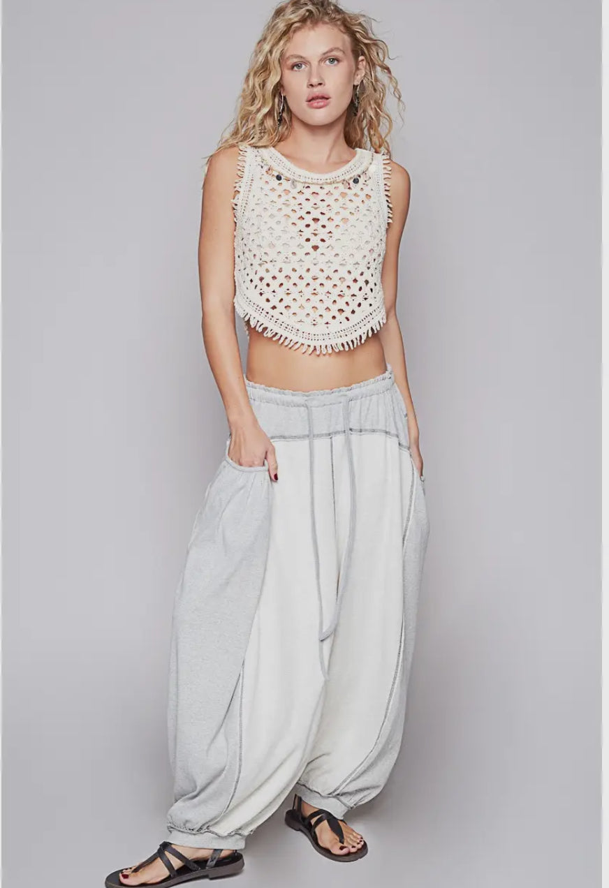POL Gray Overlock Contrast Stitch Detail Thermal Pants with Drawstring Waist