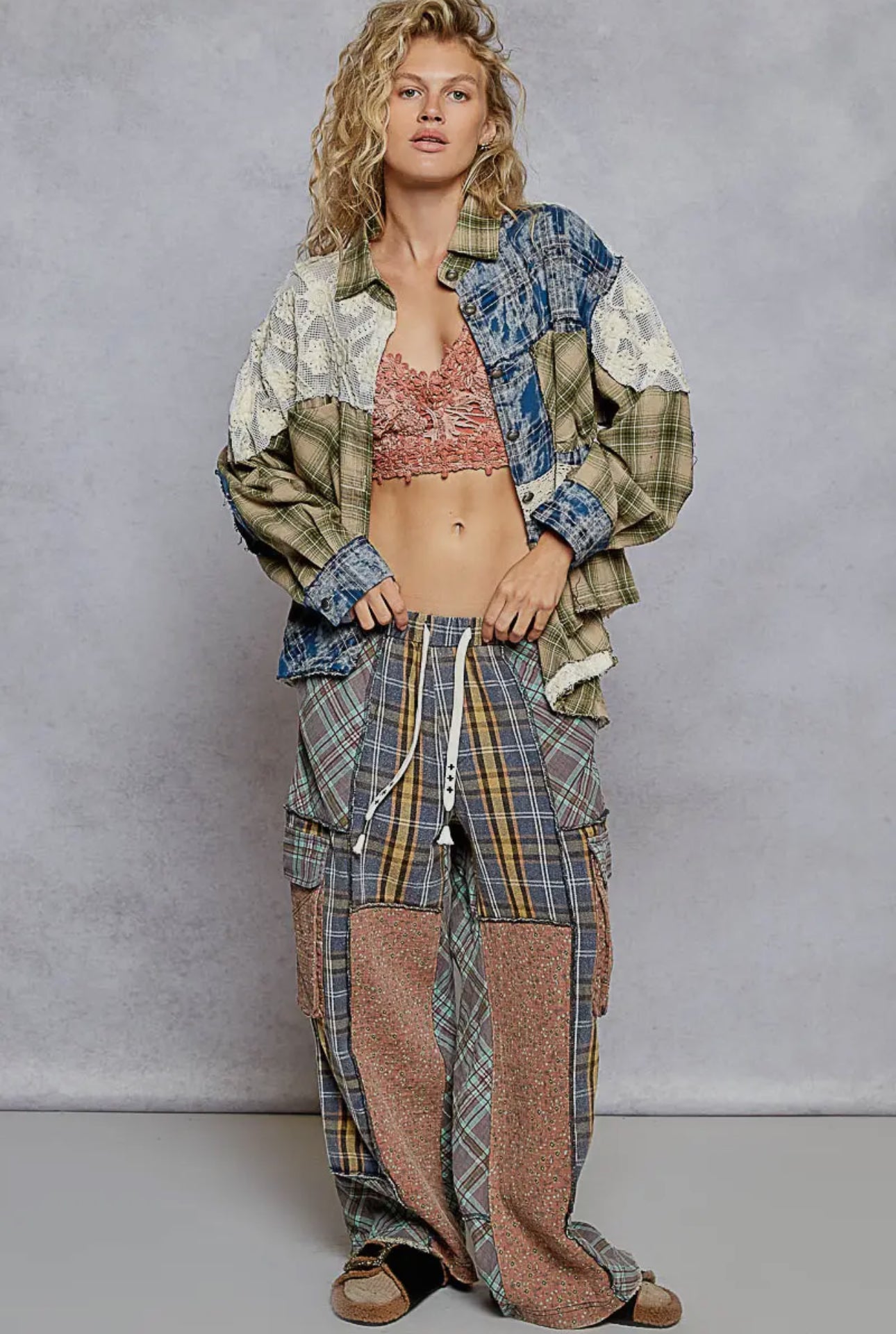 POL Olive & Blue Lace Patchwork Plaid Oversized Balloon Sleeve Shirt