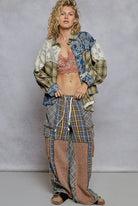 POL Olive & Blue Lace Patchwork Plaid Oversized Balloon Sleeve Shirt