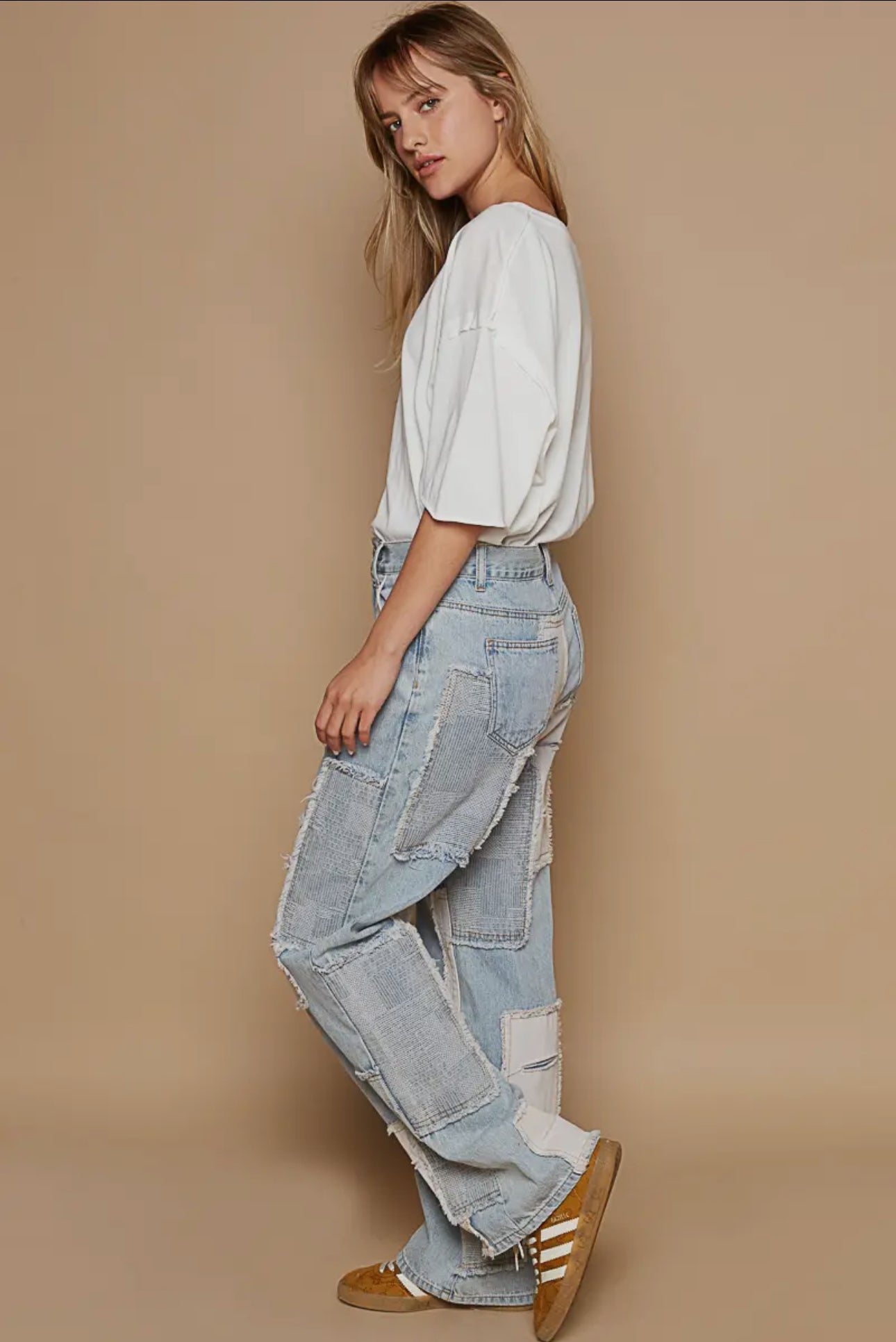 POL Contrast Patched Raw Hem Straight Jeans