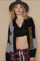 POL Balloon Sleeve Patchwork Black Multi-Pattern Thermal Edge Jacket