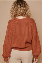 POL Fired Brick Cable Knit Key Hole Cutout Balloon Sleeve Sweater Trendsi