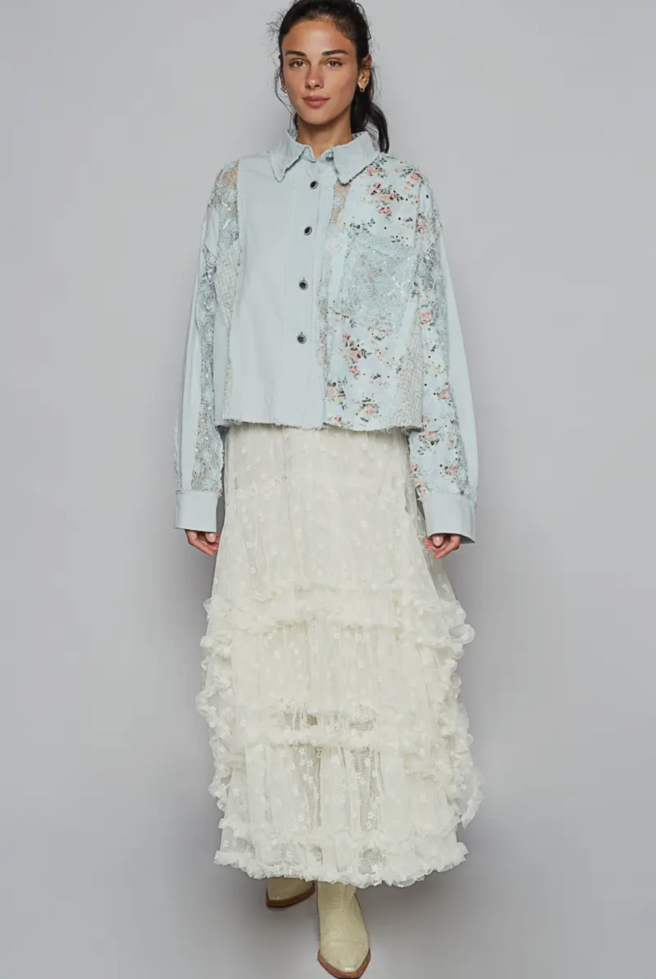 POL Pastel Blue Floral Long Sleeve Woven Blouse with Lace Panel Details