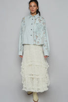 POL Pastel Blue Floral Long Sleeve Woven Blouse with Lace Panel Details