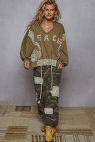 POL Olive Peace Contrast Patch Floral Long Sleeve Hoodie