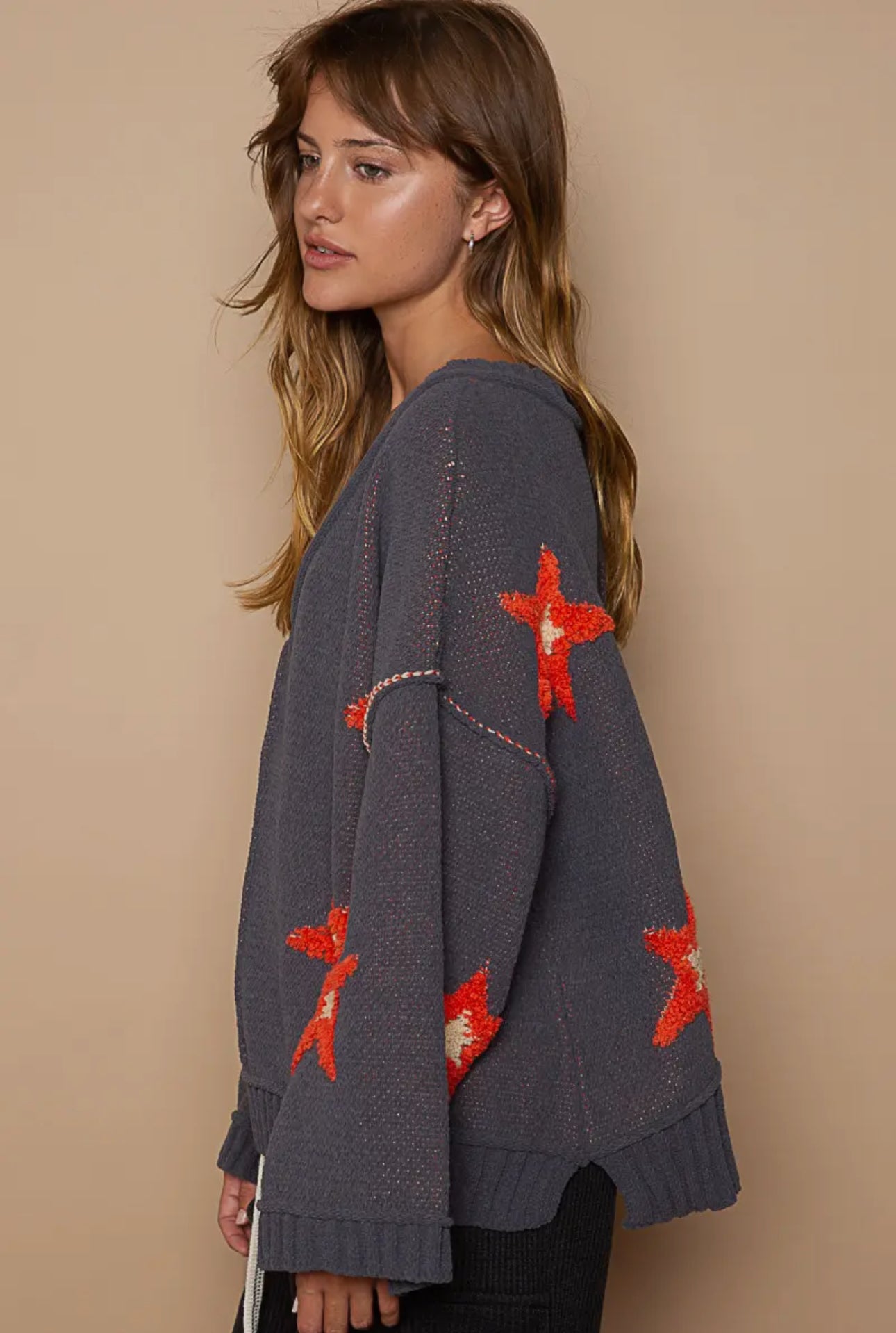 POL Charcoal Long Sleeve Star Berber Patch Sweater Trendsi