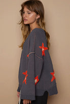 POL Charcoal Long Sleeve Star Berber Patch Sweater Shirts & Tops