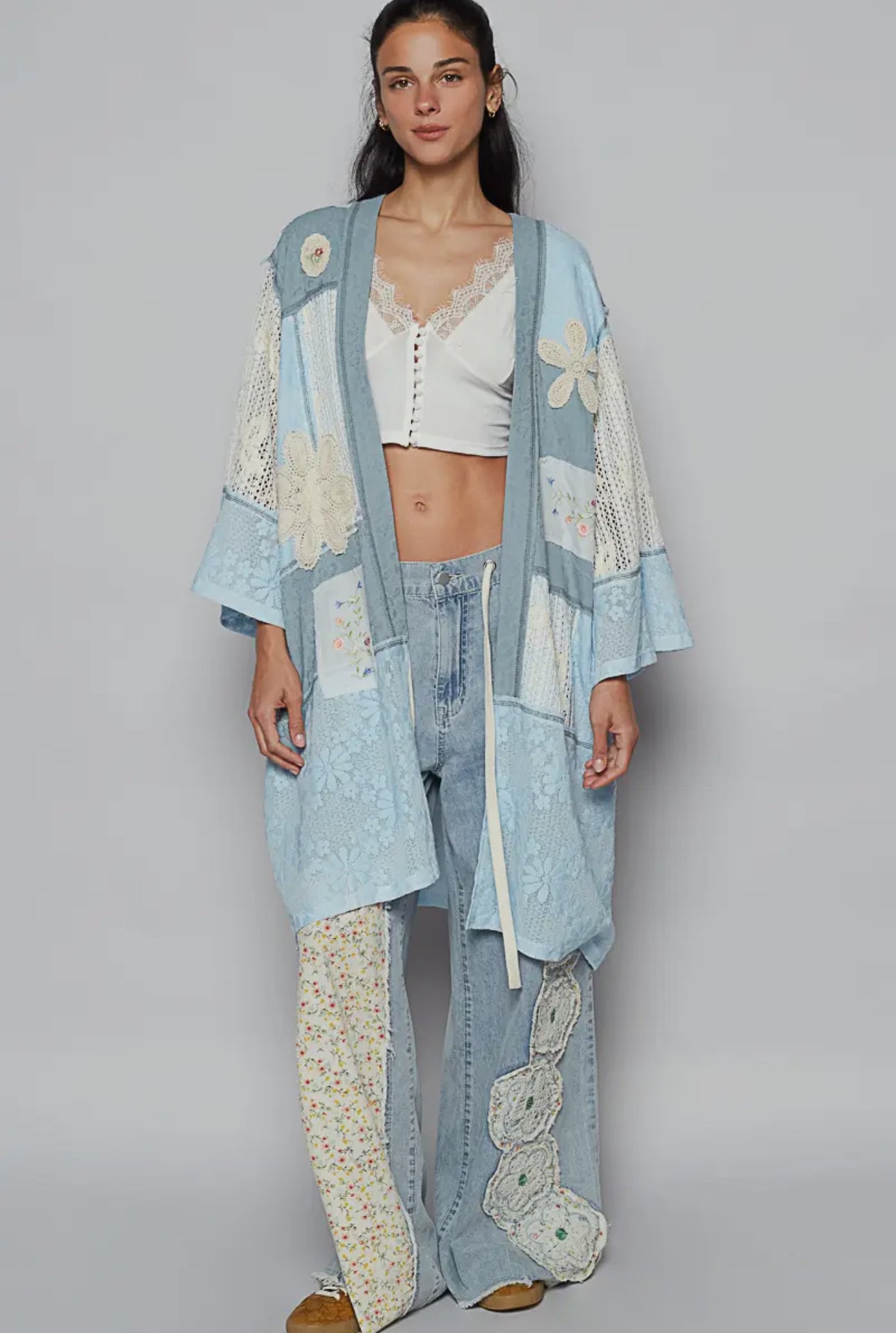 POL Sky Blue Double Gauze and Lace Mix Cardigan with Embroidered Detail