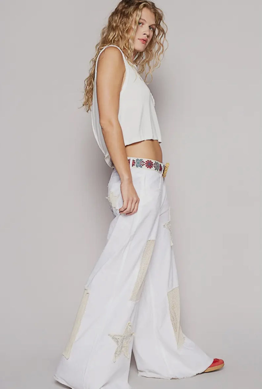 POL Raw Hem Star Patch Wide Leg Pants