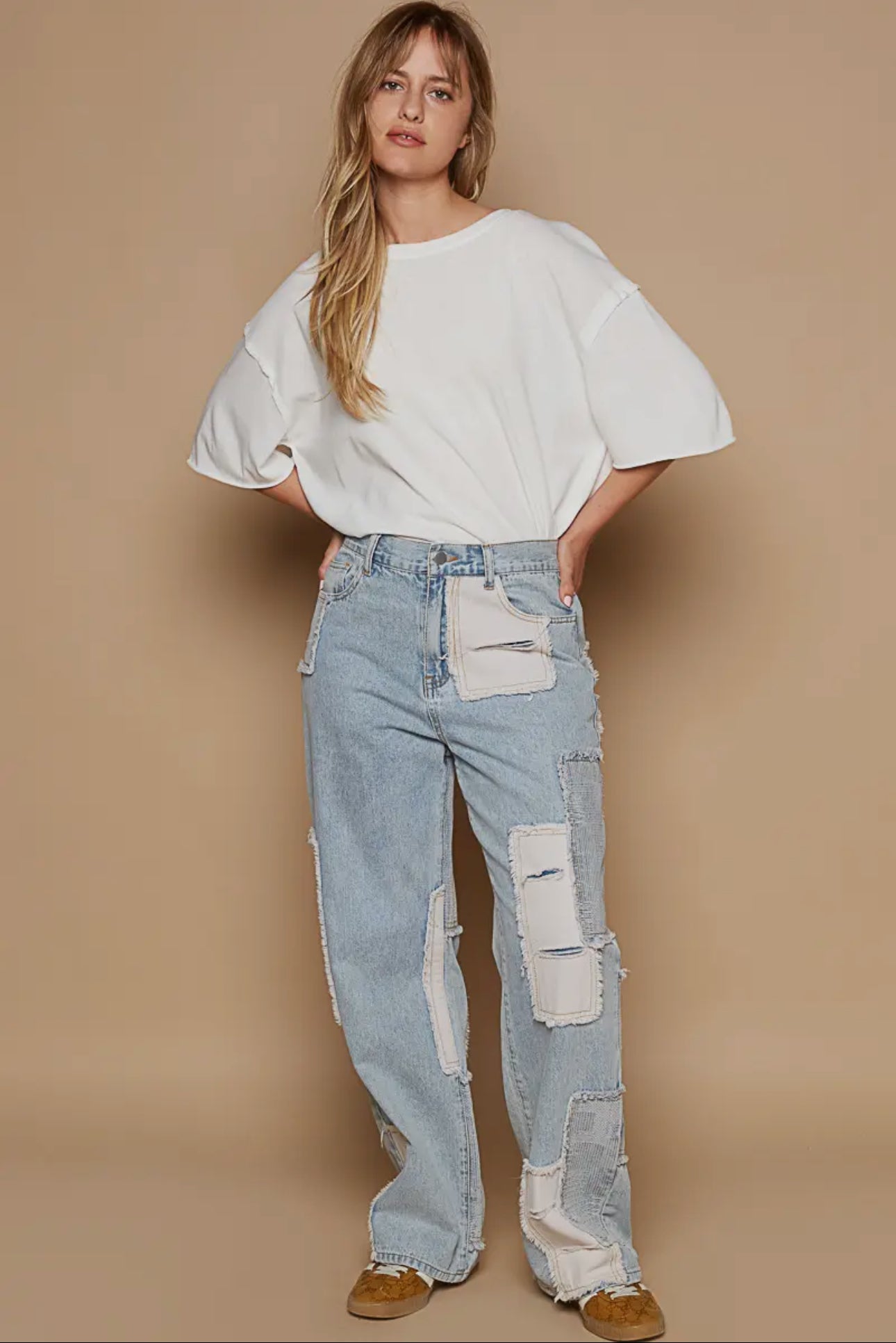 POL Contrast Patched Raw Hem Straight Jeans