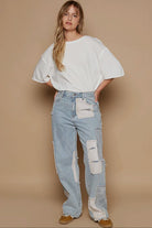 POL Contrast Patched Raw Hem Straight Jeans