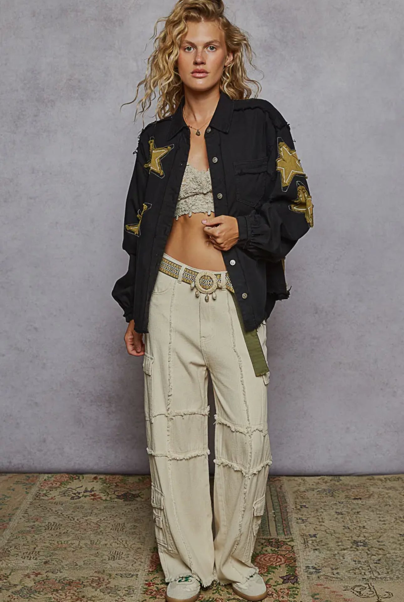 POL Black Star Patch Raw Hem Button Up Twill Denim Ballon Sleeve Jacket